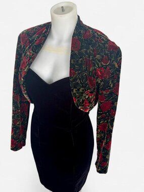 Rampage vintage black velvet mini dress with red floral velvet bolero jacket